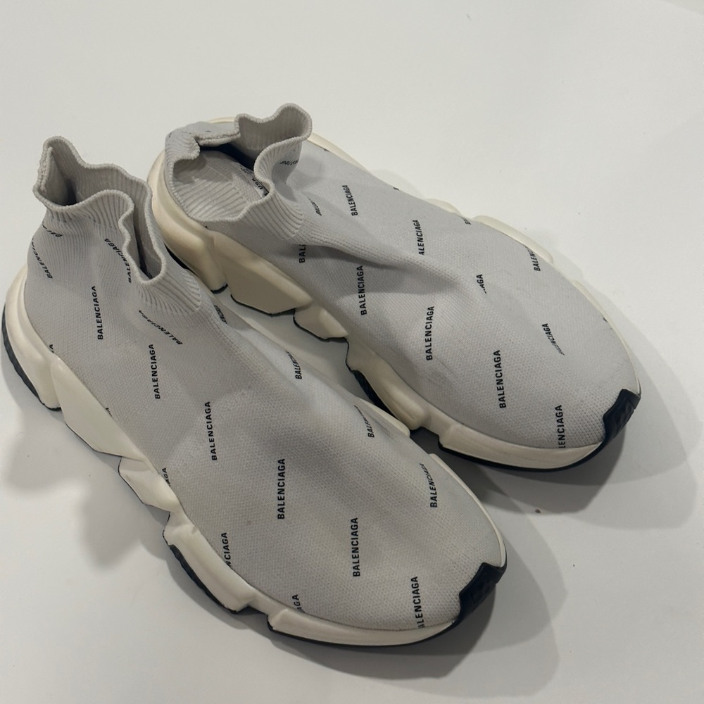 Balenciaga Speed Sock Trainer Grey Allover Logo Black White Sneakers Size 38